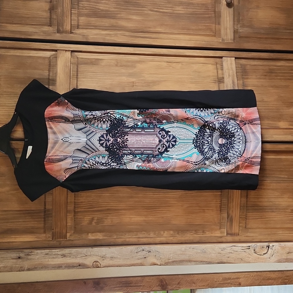 London Times black and geometric print fitted dress. Size 16